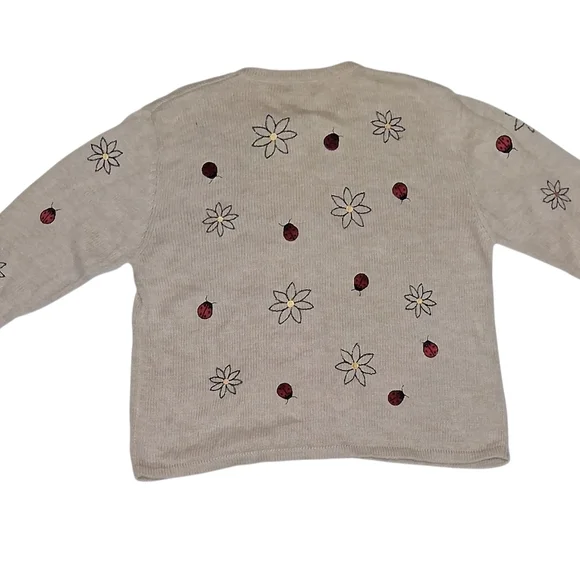 EUC Christopher and Banks Sz. M Oatmeal Color Lady Bugs and Flowers Sweater - Picture 2 of 9